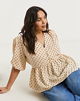 Spot Print Button Through Peplum Blouse
