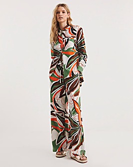 Tropical Green Print Linen Mix Wide Leg Trousers