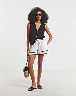 Ivory Trim Detail Tie Waist Cheesecloth Shorts