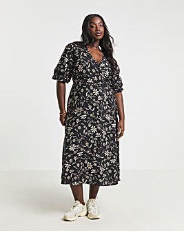 Mono Floral Print Spun Viscose Wrap Midi Dress