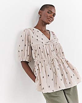 Printed Pure Cotton Textured Tie Front Top
